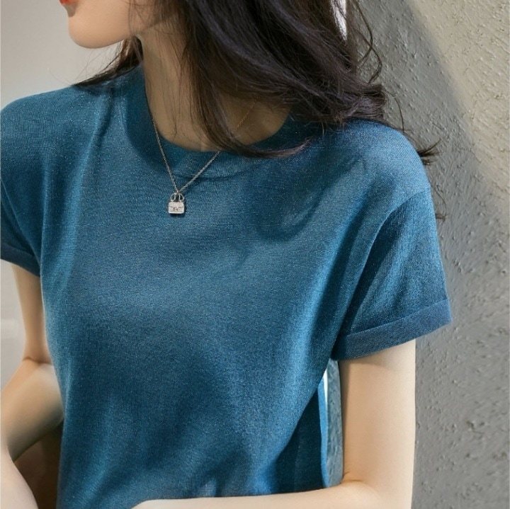 ラウンドネックトップス シンプルTシャツ オフィスカジュアル キラキラトップス トップス Tシャツ シャツ プルオーバー 袖あり 半袖 5分袖 五分袖 Uネック ラウンドネック スリム ストレート