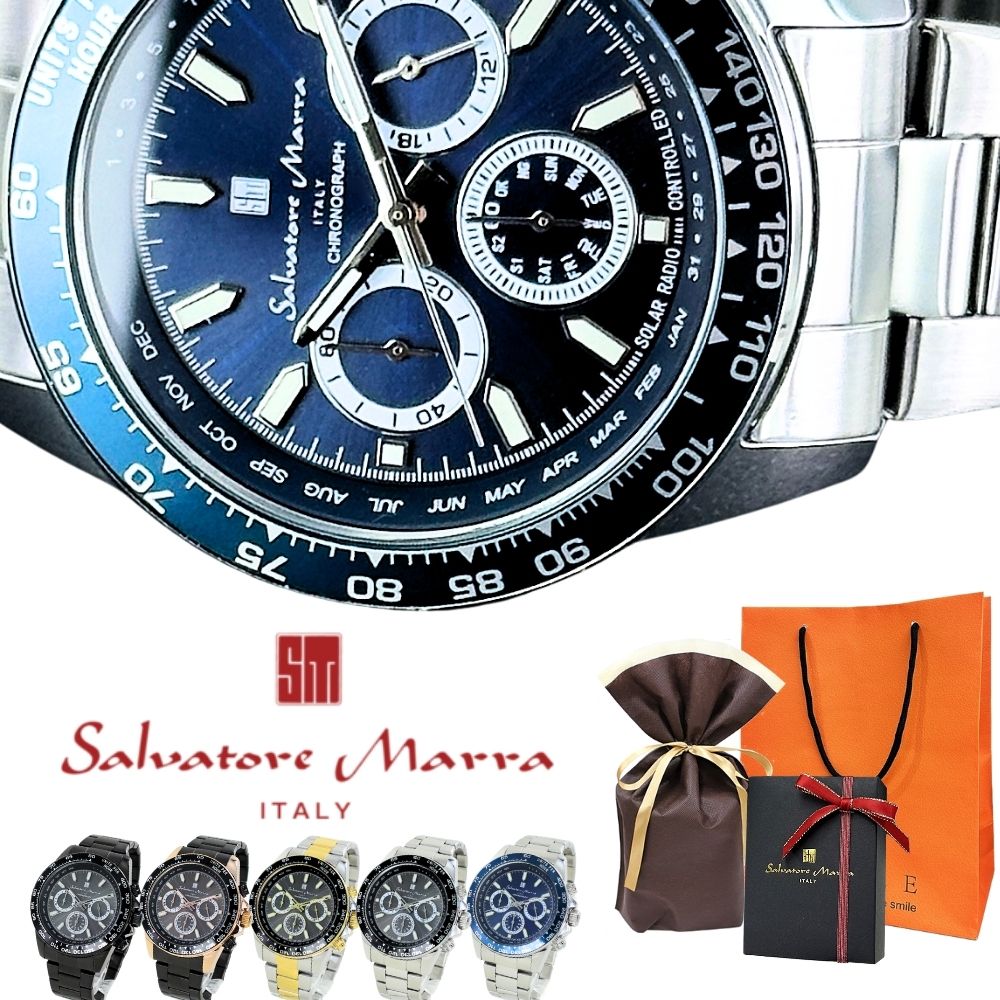 ラッピング済 ギフトセット メンズ 腕時計 手表 電波ソーラー サルバトーレマーラ 防水 クロノグラフ ステンレス 国内正規品 おしゃれ かっこいい 仕事用 ビジネス カジュアル 男性ギフト 夫 父