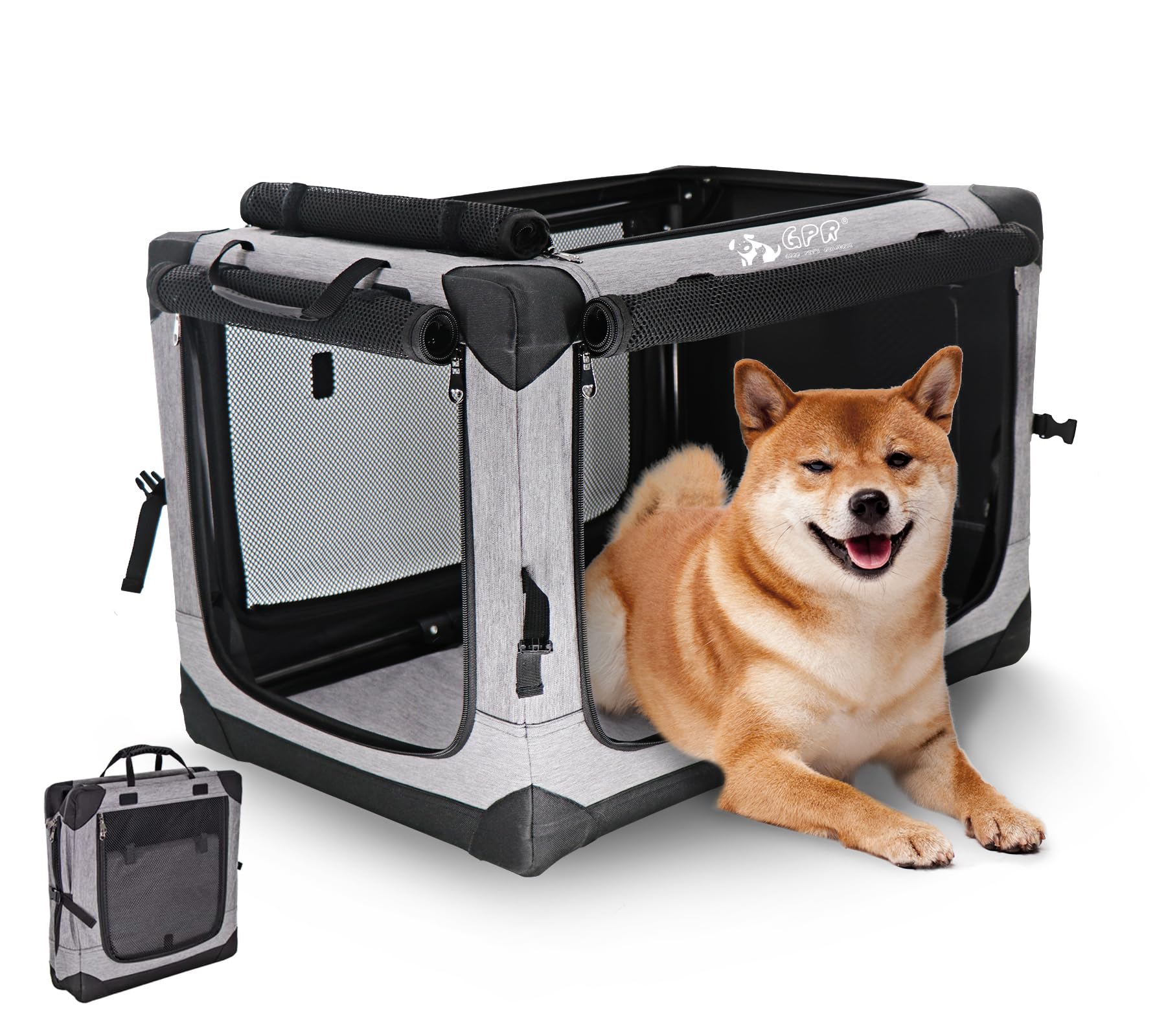 GPR ペット ソフトクレート ケージ ペットキャリー ペットハウス カバー取り外せる 4面メッシュ出入口 鉄フレーム 猫犬兼用 折りたたみ式 洗濯可能 (シルバグレー, L)