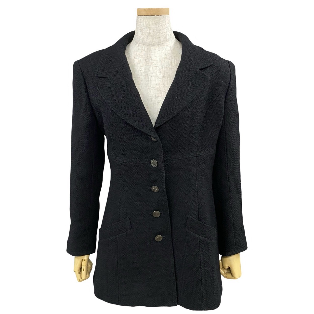 ヴィンテージ ココマーク ボタン ツイードテーラードジャケット ウール ナイロン シルク / ライクラ ブラック 63164