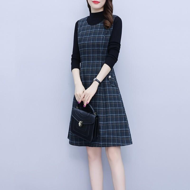 オーバーオール スカート ジャンパースカート レディース 春秋冬 ミセス 大きいサイズ チェック 柄 ハイウエスト Aライン スリム 膝丈 ポケット 立体裁断 黒ニット 暖かい 柔らかい 通気性 紺