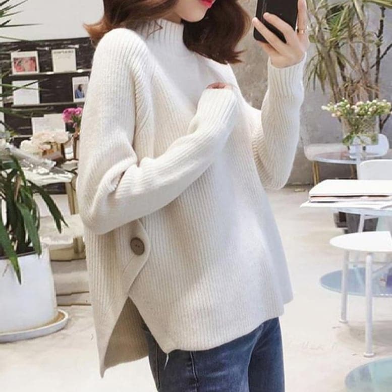 4color レディース サイドボタンデザインニット ハイネックサイドボタンリブニット