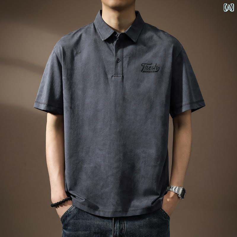 ポロシャツ ハイエンド アメリカン レトロ 雲 染め ウォッシュ フェード 男性用 夏 メンズ 半袖 Tシャツ 刺繍 都会的 綿