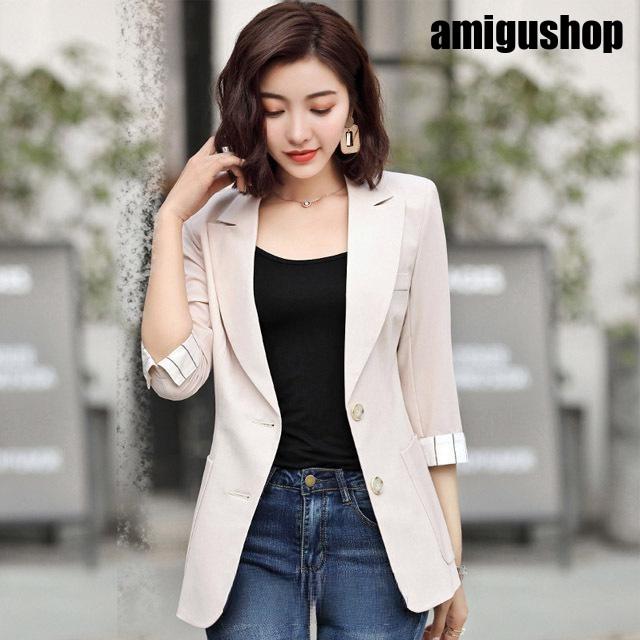 ベージュ ジャケット レディース 夏 薄手 7分袖 テーラードジャケット カジュアル サマージャケット オフィス 通勤 OL イエロー 細身ジャケット ポケット付き