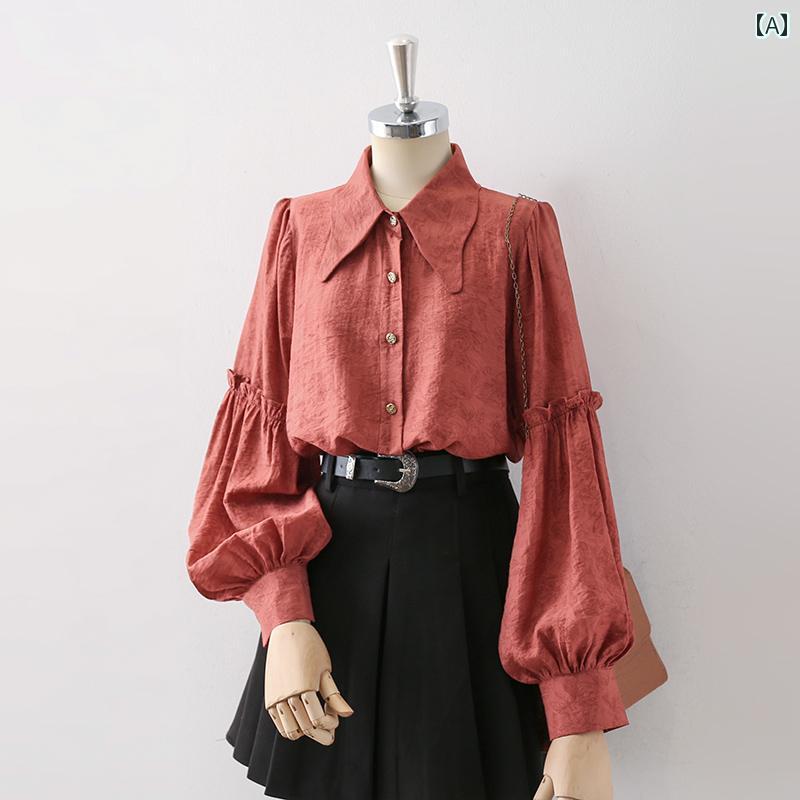 レディース トップス ブラウス 通勤 オフィス 普段使い ランタンスリーブ レトロ シャツ 秋 アジアン バーガンディ デザイン ファッション 長袖 シック