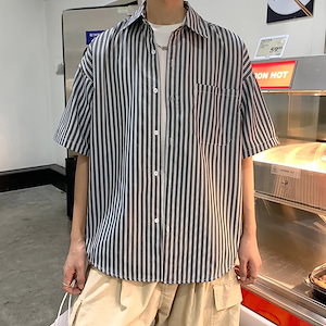 シンプルなストライプのシャツメンズ半袖タイドブランドトレンドイン日本の夏の薄いルーズな5分の1袖シャ