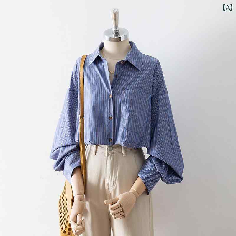 レディース シャツ ブラウス 長袖 春秋 ブルー 白の縦ストライプ柄 シャツ襟 ナチュラル ポケット 袖 ボーイッシュ スタイリッシュ クール シンプル モダン モード リラクシング
