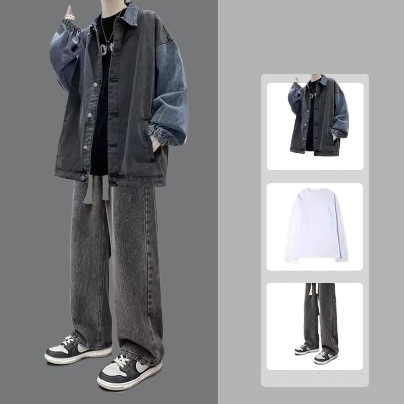デニムジャケット 春秋 メンズセットアップ ゆったり レトロ 長袖Tシャツ ジーンズ 上下3点セット