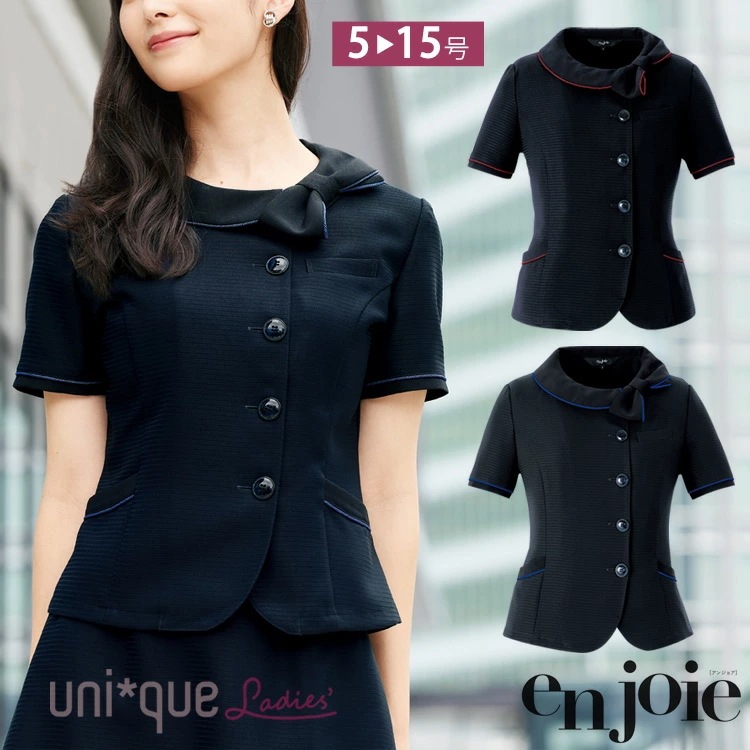 アンジョア レディース 半袖 オーバーブラウス 26601 春夏 シャツストレッチ 接触冷感 吸汗速乾 リボン ライトジャケット オフィス ユニフォーム 制服 通勤 事務服 OL夏服 接客 ジョア