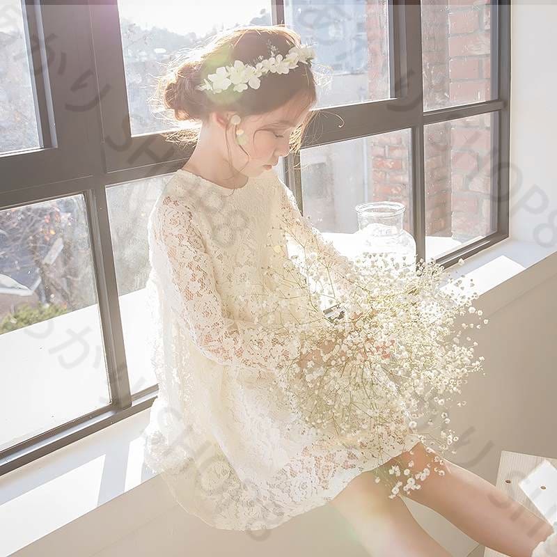 コスパ最高キッズ ドレス ワンピース レース 透け感 ミニ丈 ラウンドネック 長袖 女の子 可愛い 子供 ジュニア レッド 赤色 100 110 120 130 140 150 サイズ