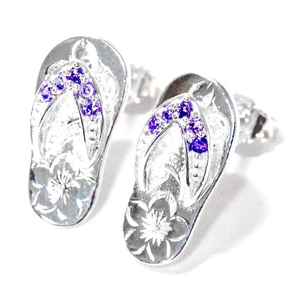 ハワイアンジュエリー スタッドピアス ビーチサンダル プルメリア 花 スクロール 波 パープルジルコニア レディースシルバー925