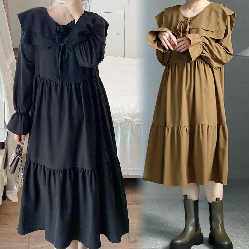 大きいサイズ レディース ワンピース ダブル襟ティアードワンピース ワンピ ロング ダブル襟 クルーネック 長袖 ティアード キャンディー袖 ボタン 無地 秋新作 春服 冬服 LL 2L 3L 4L