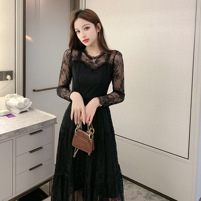 ワンピース 膝丈ドレス ワンピースドレス ワンピドレス 膝丈 ひざ丈 ミモレ ミモレ丈 袖あり 長袖 Uネック ラウンドネック レース 刺繍 透け感 シースルー 上品 おしゃれ お洒落 セクシー