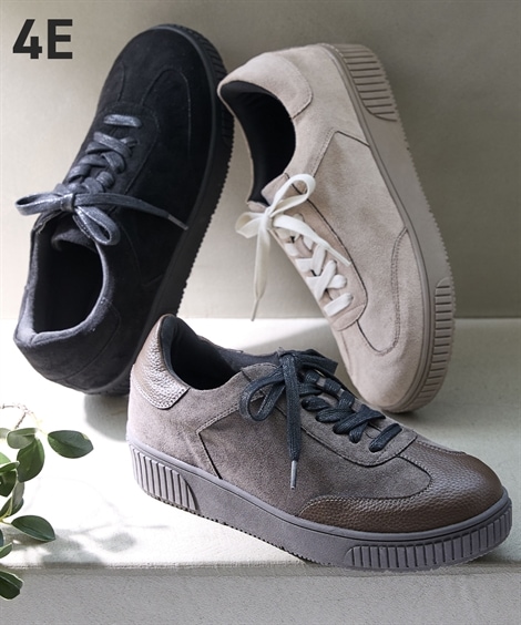 ローカットスニーカー ゆったり幅広 起毛レースアップスニーカー ワイズ４Ｅ