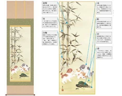 干支掛軸「戯犬吉祥之図」根本葉舟筆 尺五[ 収納箱 10年保証 42x108 インテリア コンパクト 干支 縁起飾り リビング 和室 和 受注生産 床の間 和風 掛け軸 日本製 国産 国内産 名画 縁