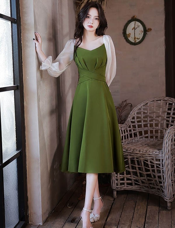 ワンピースドレスプリント柄ワンピフェミニン 袖付き 謝恩会 肩出し カクテルドレス グリーン 黒 ファスナー ピアノ 緑 体型カバー 袖あり 母親 ラウンドネック ミモレドレス ひざ下丈ドレス 10,622円