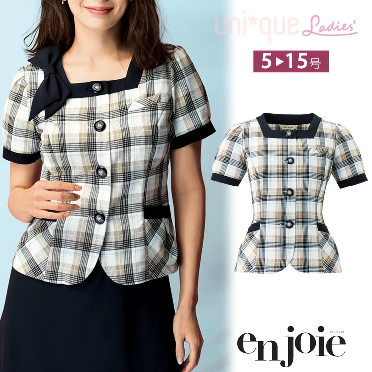 アンジョア レディース 半袖 オーバーブラウス 26660 春夏 透けにくい 高通気 チェック シャツ ソフトジャケット オフィス ユニフォーム 制服 通勤 事務服 OL 夏服 接客 ジョア かわ
