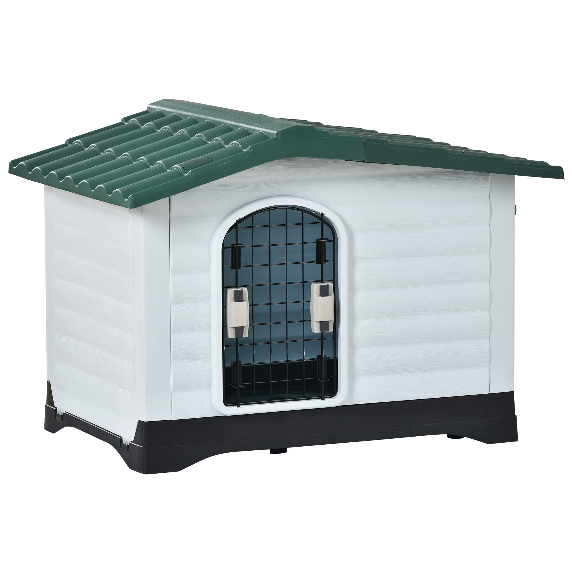 OSJ 犬小屋 屋外用 犬舎 室外 中型犬用 大型犬用 ドア付き プラスチック製 ペットハウス オールシーズン 通気 日焼け対策 雨除け 水洗い 裏庭 室内 さびない 頑丈 L (幅92×奥行69×高