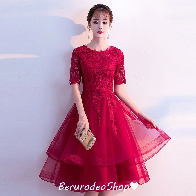 結婚式ドレス ワイン赤 レース 20代 30代 二次会ドレス Aライン ミモレ丈 赤 ゲストドレス お呼ばれドレス 半袖 ドレス ミディアム丈 チャイナドレス ワインレッド レッド 9分袖 優雅 エレ