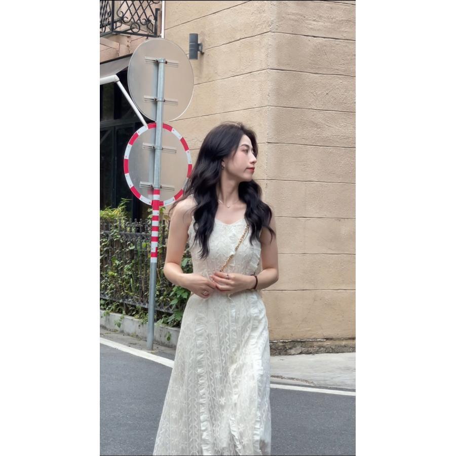 白ワンピース キャミソールワンピース レディース 夏 ノースリーブ aライン ロング丈 花柄 低身長 かわいい きれいめ おしゃれ カジュア