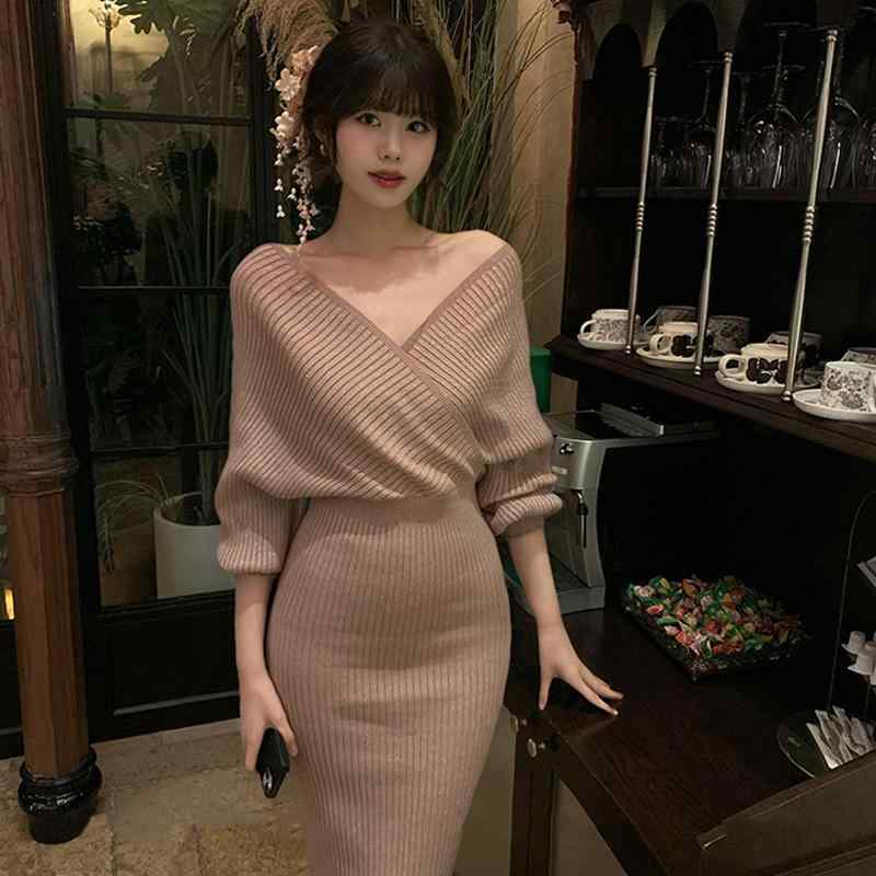 春 コーデ レディース ファッション 婦人服 ニット V ネック ドレス スカート スリミング シンプル きれいめ ナチュラル 上品 カジュアル オシャレ カワイイ