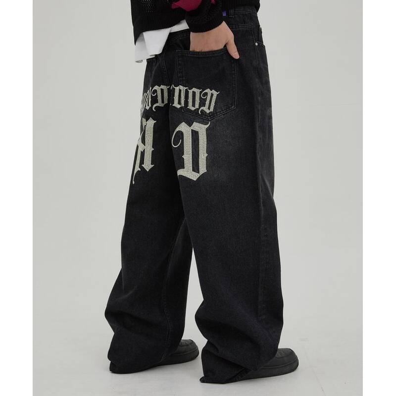 フッドフッド HOODHOOD HD チェーン刺繍デニムパンツ ブラック HDBE01PT02-2 411108