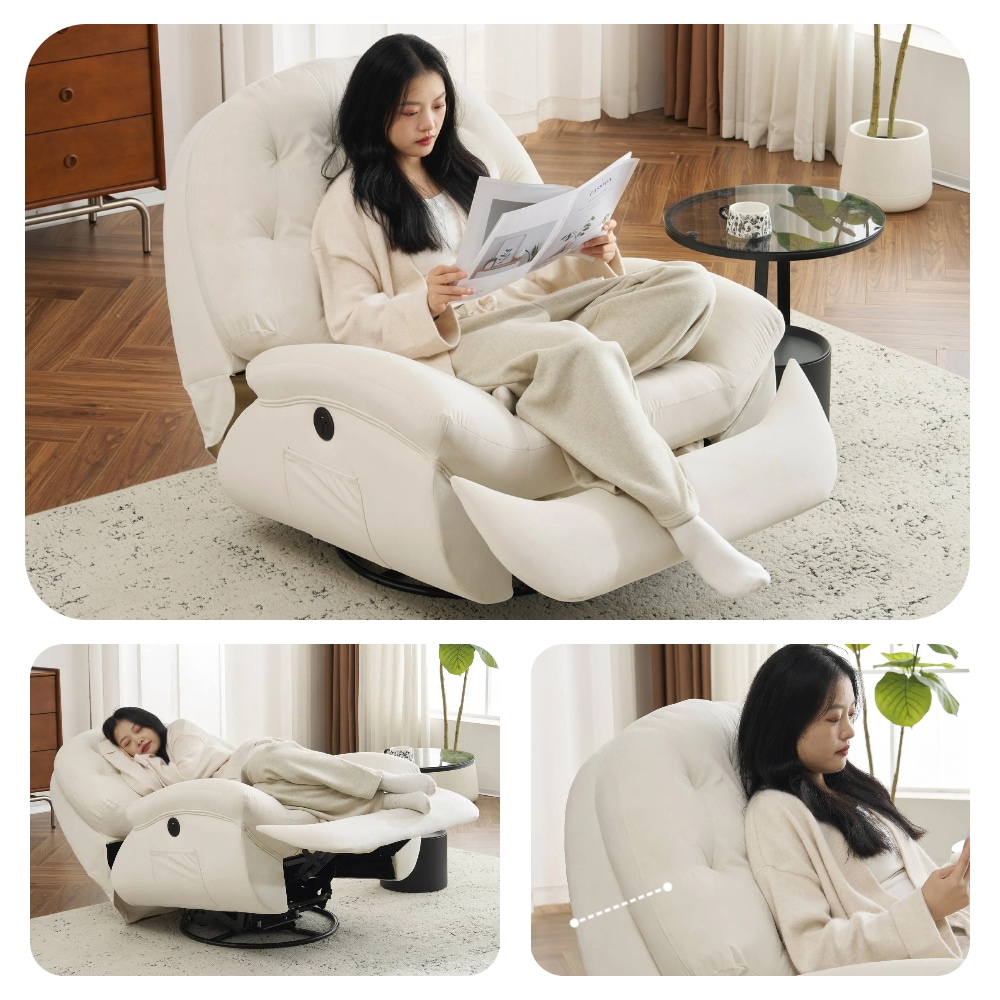 E14電動1人掛けソファー リクライニングチェア ゲーミングチェア リクライニングソファ 電動ソファ ベルベット 貝殻のデザイン 270度回転式 背もたれ調節105-165度 簡単昇降ボタン 快適なリ
