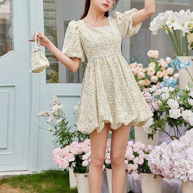 ワンピース 半袖 春夏 きれいめ aライン aライン Aライン フレア シフォンスカート ミニ ミニ丈 ショート ショート丈 膝丈 ひざ丈 膝上 ぽわん袖 ボリューム袖 パフスリーブ スクエアネック