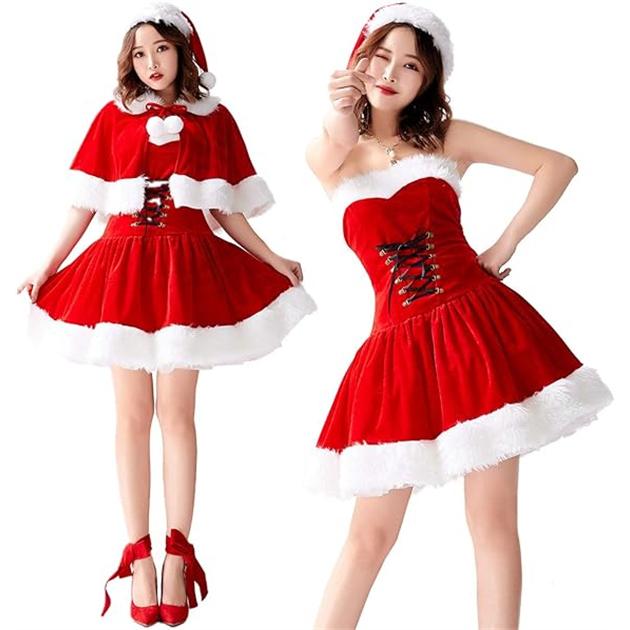 衣装 大きいサイズ 仮装 演出服 コスチューム 可愛い サンタクロース クリスマス レディース 帽子 ケープ付き イベント サンタ サンタコス コスプレ