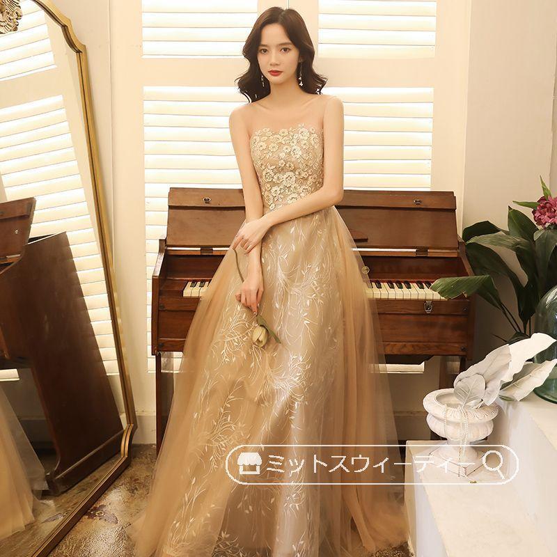 カラードレス ウエディングドレス パーティードレス 演奏会 発表会 花嫁 イブニングドレス ブライダル 二次会 ロングドレス ゴールド 花柄 ノースリーブ 披露宴-981