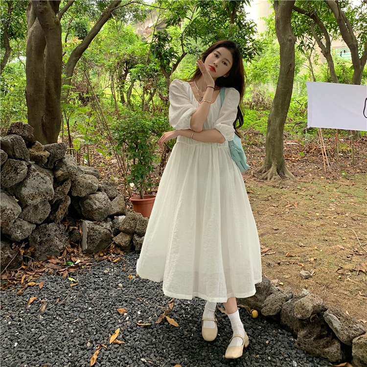 ワンピース レディース ロングスカート フレアスカート 膝下 ロング丈 ロング 袖あり 5分袖