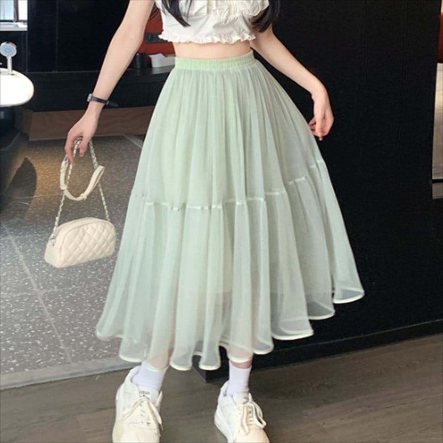 ロングスカート 4色 チュールスカート ロング丈 ミモレ丈 アンクル丈 マキシ丈 フレア Aライン ハイウエスト ウエストゴム 透け感 シースルー 薄手 裏地 かわいい 大人可愛い