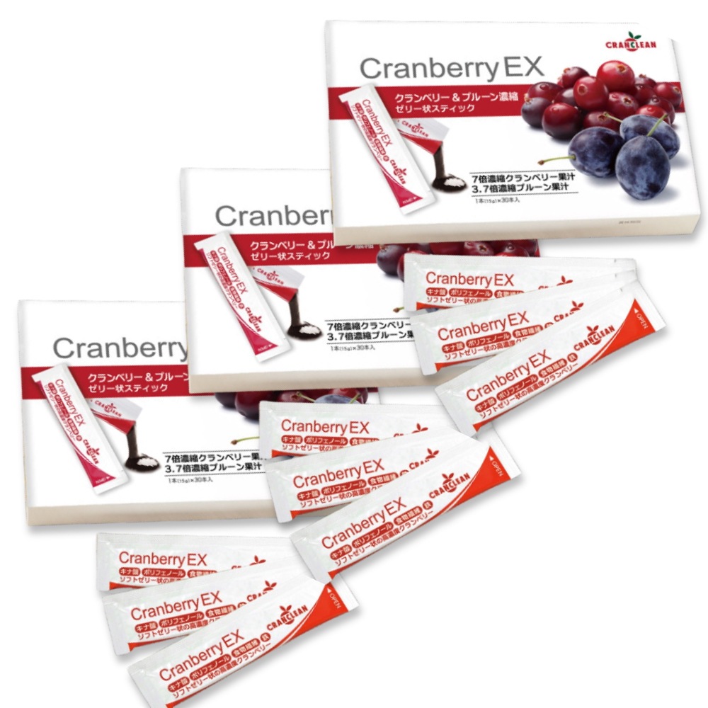 クランベリーEX 15g×30本 ソフトゼリー 順造選 無添加 キナ酸含有（推定値） クランベリー濃縮 果汁使用 食物繊維・鉄分入り 日本製　3箱セット