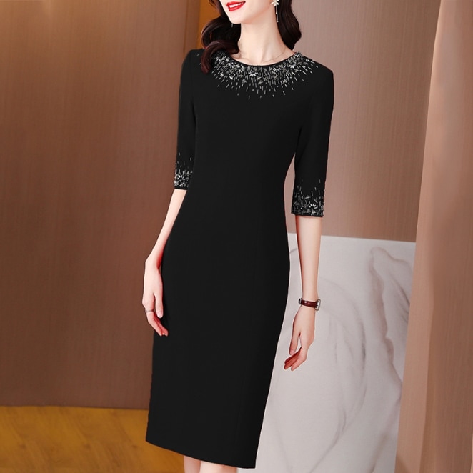 ワンピース タイトスカート ひざ丈 膝下 袖あり 5分袖 パフスリーブ ラウンドネック 襟なし スリム タイト 細身 刺繍 スリット バックスリット ファスナー ハイウエスト 装飾 厚手 きれいめ