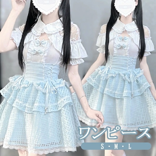 体験しよう量産型 セットアップ エンジェルスリーブ 肩出し ロリータ 夏 スカート レース 半袖 レディース 女子 リボン ショート丈 ミニ 蝶結び フリル オープンショルダー ギャル ドレス かわい
