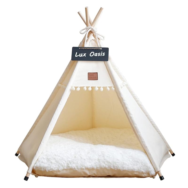 Lux Oasis ペットテント 猫 べッド 犬 ベッド ペット ハウス 夏用 通気性 かわいい 洗える 暑さ対策 クッション付き (S:40*40*50cm, Pure White)