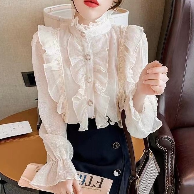 トップス 韓国風 オルチャン フリル袖 フレア フリル 柔らか シャツ ブラウス 白 とろみシャツ シャツ ハイネック タートルネック 袖あり 長袖 ダンス 練習着 ストレート Iライン 大人可愛い