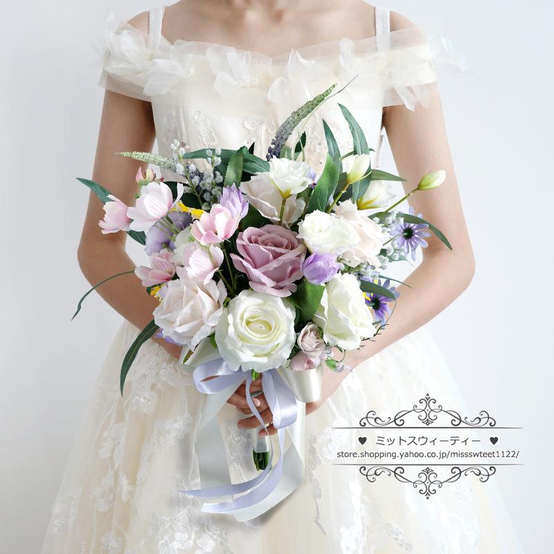 ウエディングブーケ 結婚式 ブーケ 花嫁 パープル 紫 二次会 披露宴 造花 前撮り 海外挙式 ウェディングブーケ ブライダルブーケ インテリア アートフラワー