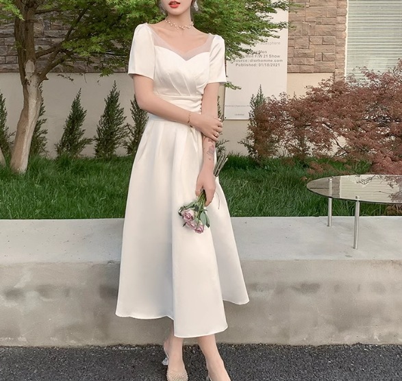 ドレス ワンピース ウェディング パーティー 結婚式 二次会 披露宴 舞台 フォーマル 衣装 演劇 マキシ 半袖 パフスリーブ スクエアネック プリンセスライン Aライン レース シフォン