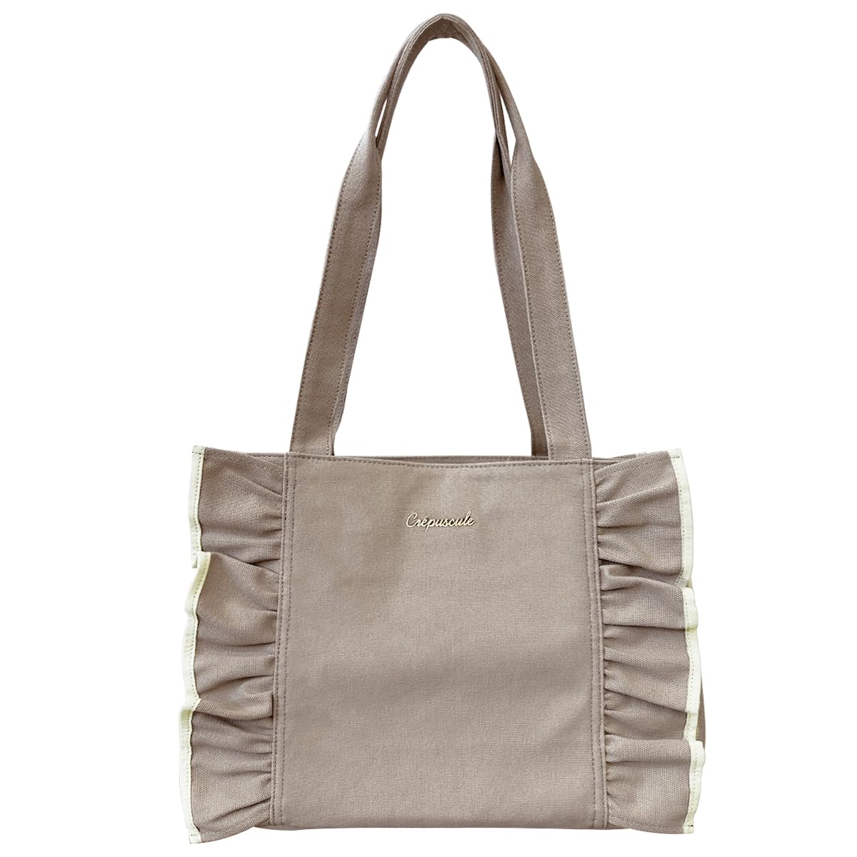 [ジゼル] トートバッグ 大きめ 大容量 帆布 キャンバス バッグ マザーズバッグ 肩掛け フリル レディース (グレージュ)