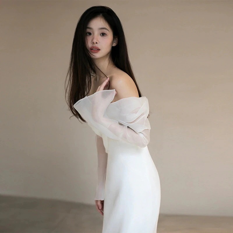 韓国新作追加!!! 結婚式 フランスドレス ワンピース ワンショルダー サテン ウエディングドレス 花嫁 披露宴 二次会 謝恩会 発表会 演奏会 女子会