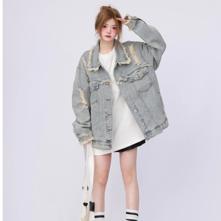 大人っぽ加工ショートサイズアウター スポーティー デニム 韓国っぽデニムジャケット 2025秋冬 カジュアル きれいめトレンド系可愛い風 レディース シルエット ファッションゆったり 春服 羽織り