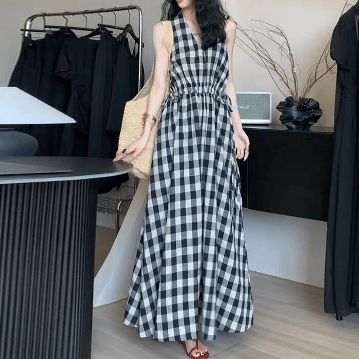 ワンピース ワンピ ドレス チェック柄 レディース エレガント きれいめ カジュアル 大人 可愛い ノースリーブ アメリカンスリーブ フェミニン ロング丈 シンプル Vネック 体型カバー ブラック 黒