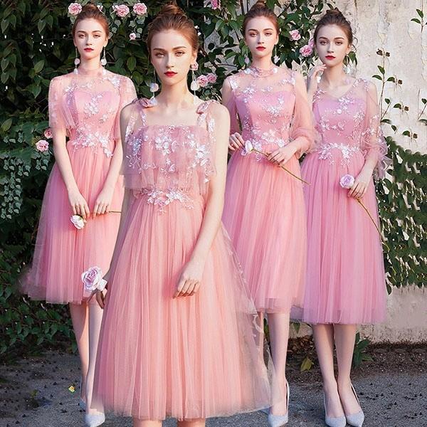 ブライズメイド ドレス ミモレ丈 4タイプ 半締め上げ ノースリーブ 結婚式 体型カバー オフショルダー ピンク 謝恩会 二次会 卒業式 花嫁 5,651円