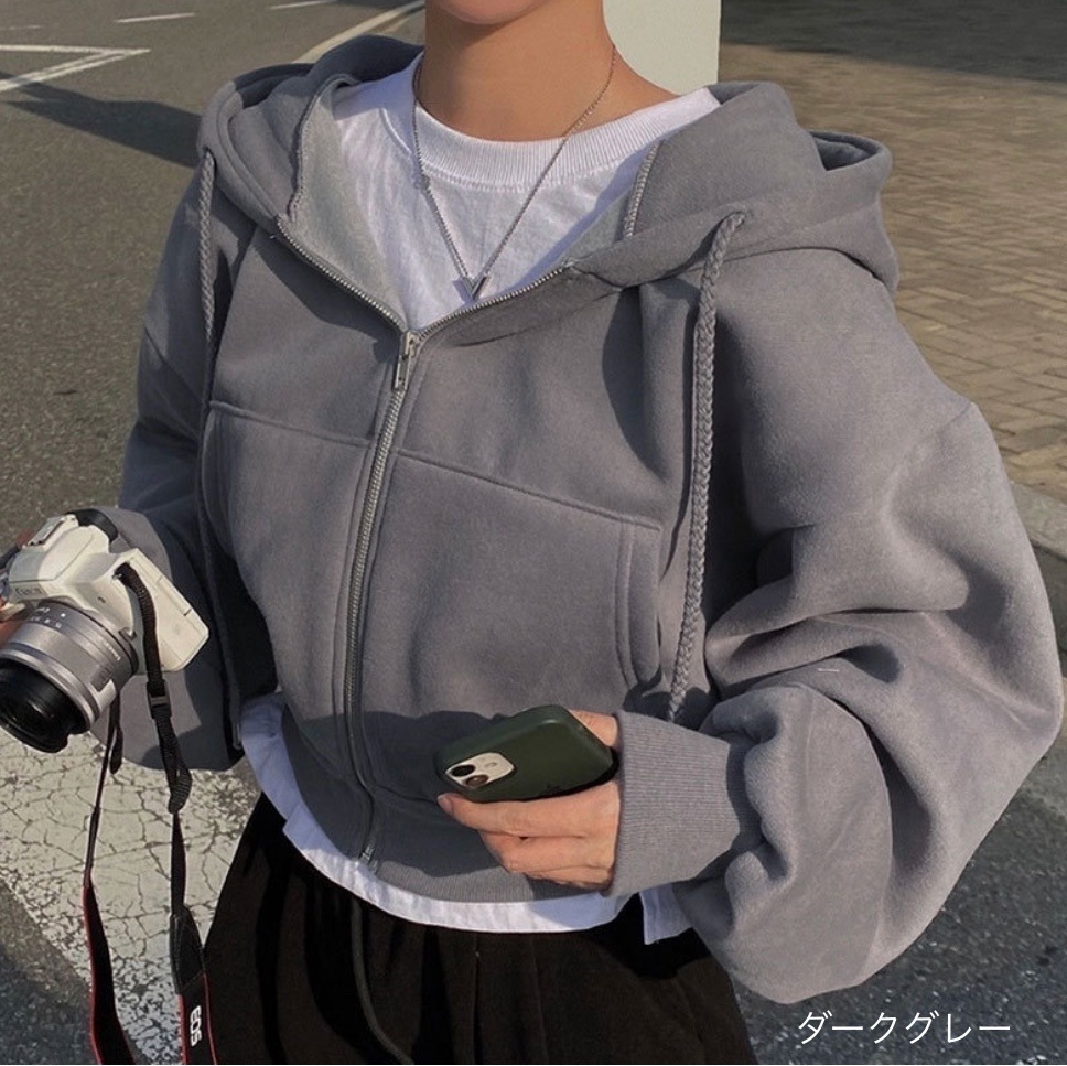 シンプルパーカー グレー カラバリ メランジ フード 韓国 レディース オルチャン トップス アウター 長袖 フレア ポケット 前開き かわいい 大人可愛い きれいめ シンプル カジュアル