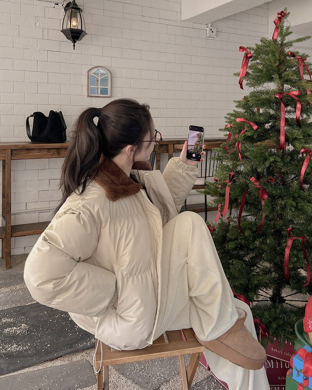 ファー襟バイカラーダウンジャンパー韓国ファッション レディース