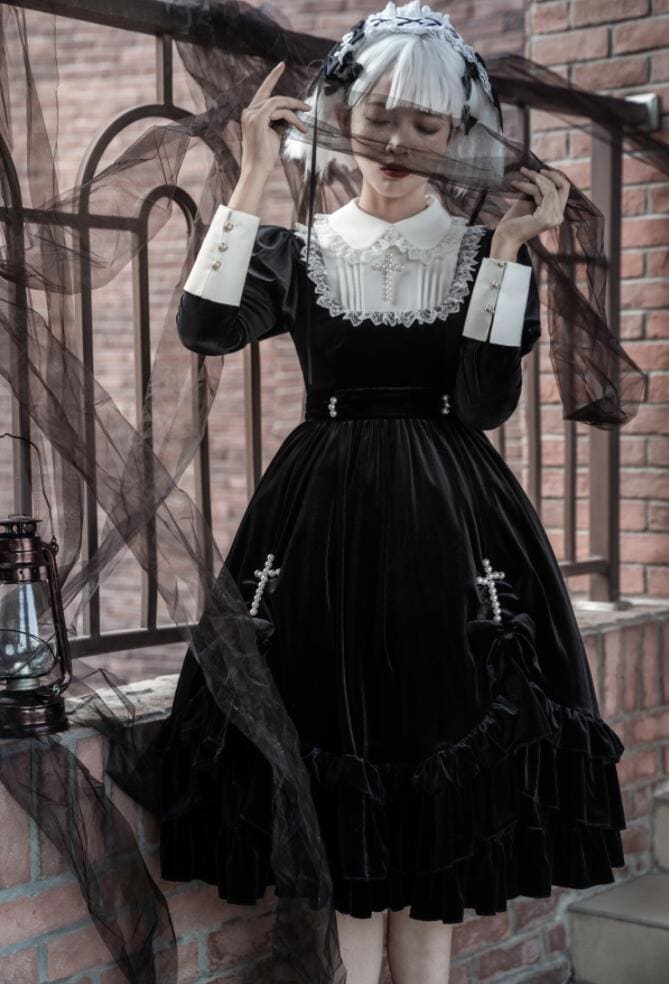 77【新作登場 最安値】 ロリータ 十字架ドレス長袖ワンピース　 ゴスロリ コスプレ メイド服 コスチューム 文化祭 学園祭 衣装 仮装 ハロウィン おすすめ 可愛い 　日常　写真　舞台　花