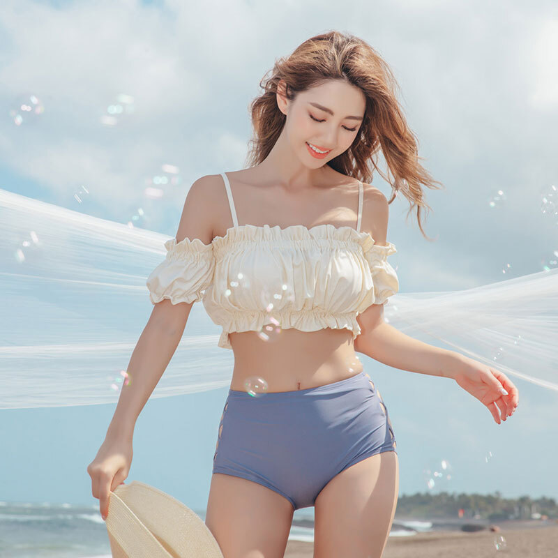 盛れる 水着 ビキニ レディース タンキニ 紐 体型カバー 三角ビキニ セパレート パッド付き 二の腕カバー フリルショルダー パフスリーブ レースアップ バックシャン ハイウエスト セット