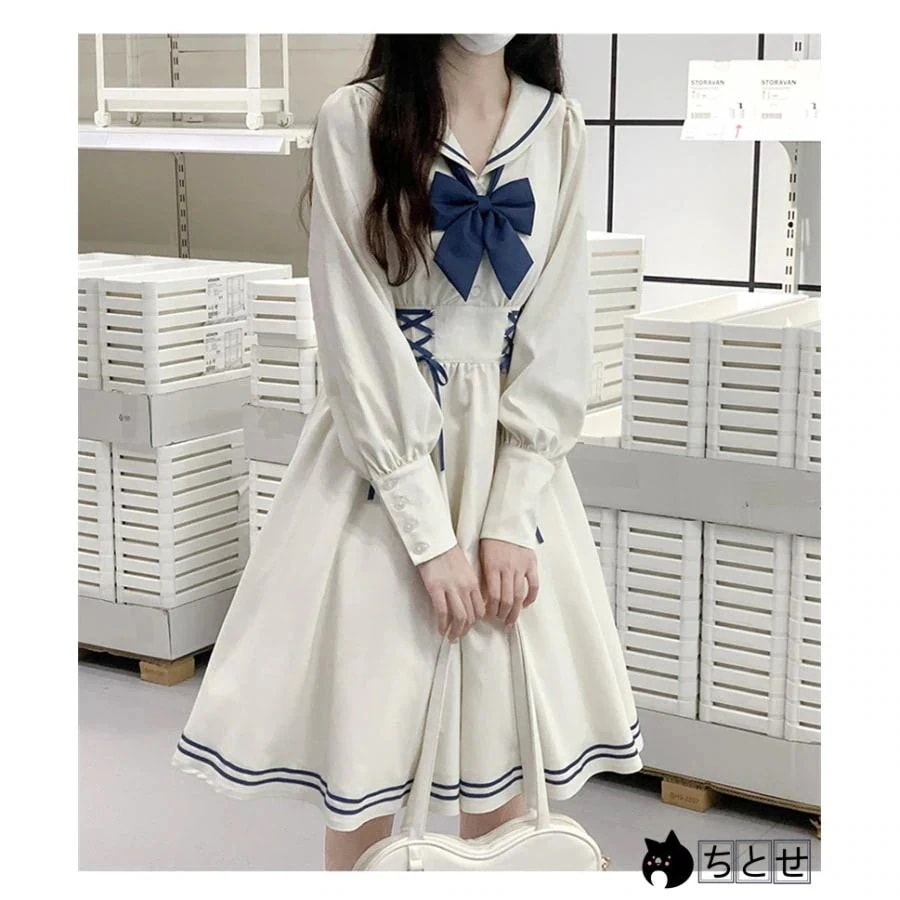 ワンピース 春 秋 夏 ネクタイ付き 長袖と半袖2タイプ セーラー服 リボン プリ―ツスカ―ト Aライン