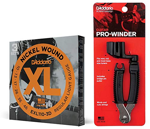 ダダリオ エレキギター弦 ニッケル Regular Light .010-.046 EXL110-3D 3set入りパック + Planet Waves ストリングワインダー ギター用 ニッパー付き